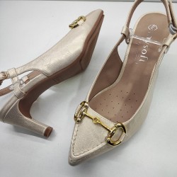 ZAPATO VESTIR FIESTA TACON BAJO Y PLATAFORMA DE GOMA FLEXIBLE CHAMPAN HEBILLA DORADA