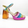 SANDALIA FIESTA TACON ANCHO Y PLATAFORMA Y TIRAS RECTAS MULTICOLOR FUCSIA