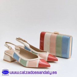 ZAPATO FIESTA PUNTA FINA Y TACON BAJO COMODO PARA VESTIR DESTALONADO CON HEBILLA EN MULTICOLOR