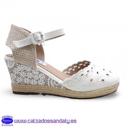 ESPARTEÑA ALPARGATA BLANCA BORDADA CON CUÑA MEDIA BAJA COMODA Y ELEGANTE - NOVIA - BLANCA - MAYRA -