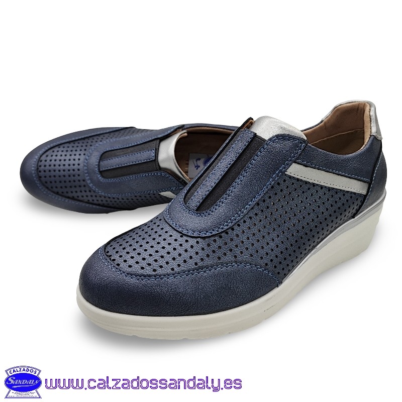 ZAPATO KIOWA CON CUÑA CONFORT Y GOMA SUPERIOR PARA NO ATARSE LOS ZAPATOS - MARINO / PLATA