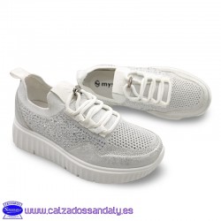 MYSOFT ZAPATILLA DE MODA CON CORDON ELASTICO Y BRILLOS, UNA ESTILO QUE DEJA HUELLA POR DONDE PASA - BLANCA / PLATA