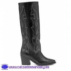 BOTA DE VESTIR CON TACON ANCHO COMODO Y TACHUELAS - NEGRO