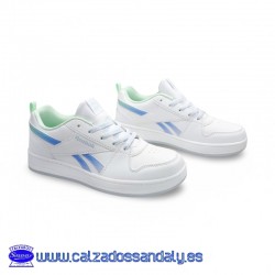 REEBOK ZAPATILLA CLASSIC ROYAL SUELA RECTA CON HORMA ANCHA - BLANCO / CELESTE