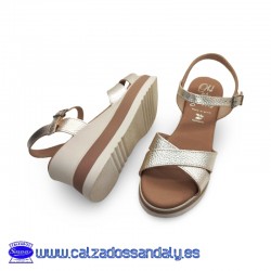 OH MY SANDALS SANDALIA PLATAFORMA TIRA ANCHA CRUZADA Y CUÑA BICOLOR CON SUELA COMODA Y PLANTILLA GEL - CHAMPAN