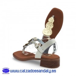 OH MY SANDALS SANDALIA ESCLAVA TACON PLANO CON MONEDAS EN EL EMPEINE Y SUELA CONFORT FLEXIBLE Y PLANTILLA GEL - HIELO