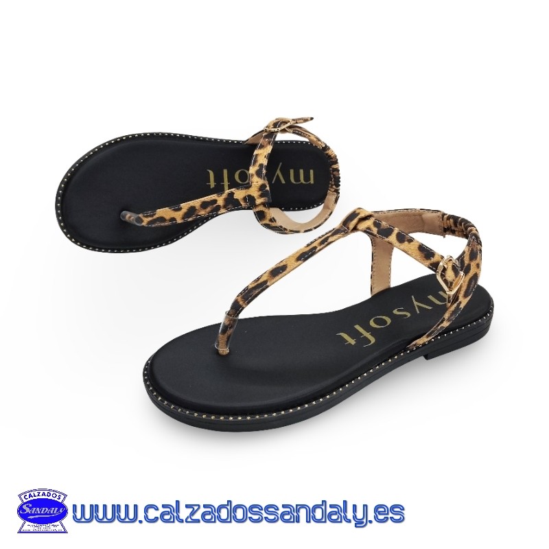 MYSOFT SANDALIA ESCLAVA ETNICA DE DEDO CON PLANTILLA DE GEL Y SUELA DE GOMA FLEXIBLE - LEOPARDO